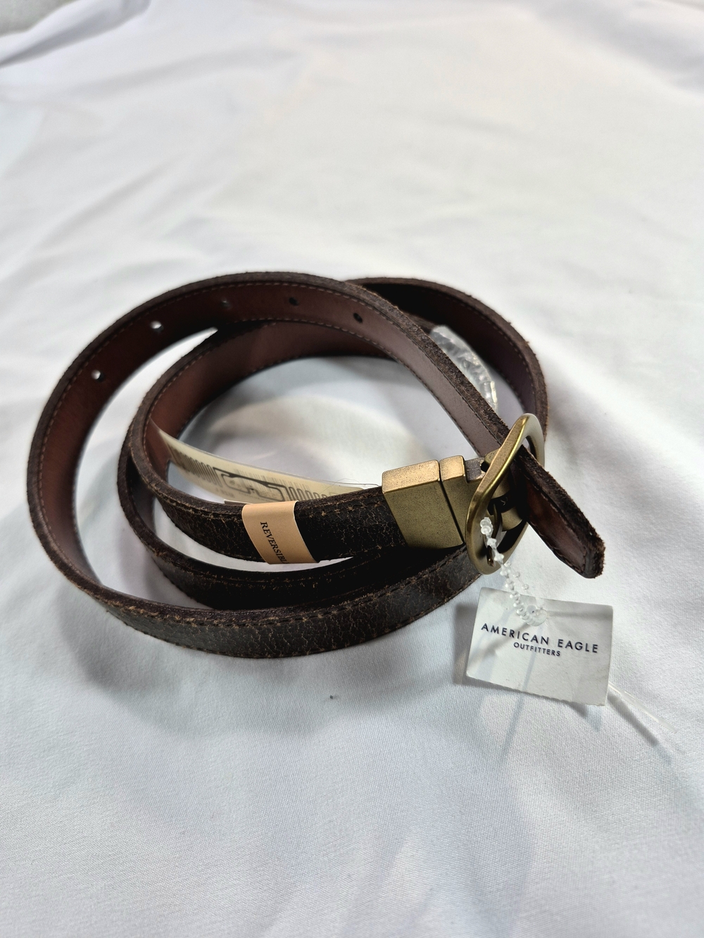 FRYE NWT Reversible Genuine Leather Belt Antique Brass Buckle Brown Size L Unisx